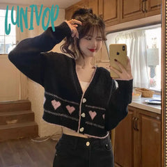 Lunivop Sweet Knitted Cardigan Women Korean Fashion Heart Button V Neck Print Sweater Coat Y2K Cute