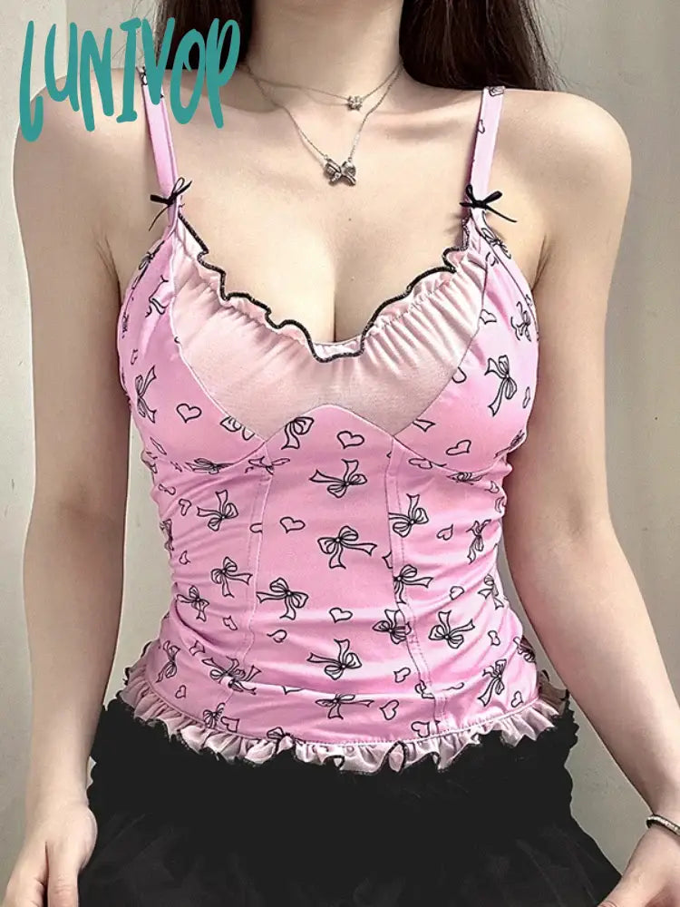 Lunivop Sweet Patchwork Mesh Camis Top See Through Sexy Slim V-Neck Sleevelkess Tank Tops Women