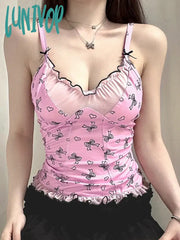 Lunivop Sweet Patchwork Mesh Camis Top See Through Sexy Slim V-Neck Sleevelkess Tank Tops Women