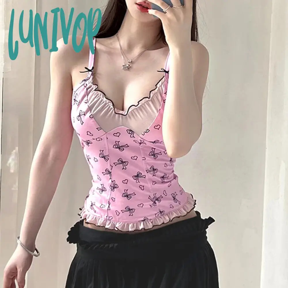 Lunivop Sweet Patchwork Mesh Camis Top See Through Sexy Slim V-Neck Sleevelkess Tank Tops Women
