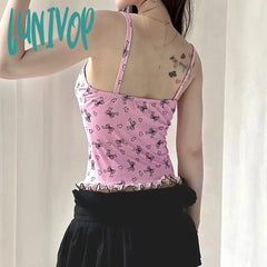 Lunivop Sweet Patchwork Mesh Camis Top See Through Sexy Slim V-Neck Sleevelkess Tank Tops Women