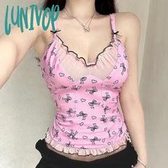 Lunivop Sweet Patchwork Mesh Camis Top See Through Sexy Slim V-Neck Sleevelkess Tank Tops Women