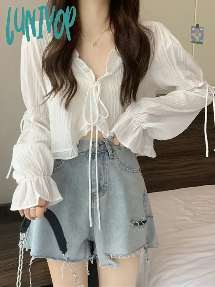 Lunivop Sweet Ruffles Crop Top Women Summer Casual Long Sleeve Cardigan Female Korean Fashion Lace