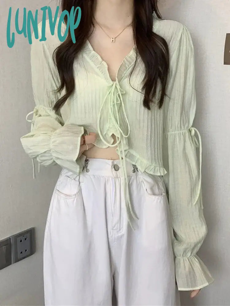 Lunivop Sweet Ruffles Crop Top Women Summer Casual Long Sleeve Cardigan Female Korean Fashion Lace