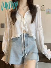 Lunivop Sweet Ruffles Crop Top Women Summer Casual Long Sleeve Cardigan Female Korean Fashion Lace