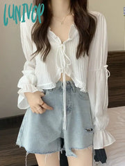 Lunivop Sweet Ruffles Crop Top Women Summer Casual Long Sleeve Cardigan Female Korean Fashion Lace