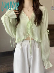 Lunivop Sweet Ruffles Crop Top Women Summer Casual Long Sleeve Cardigan Female Korean Fashion Lace