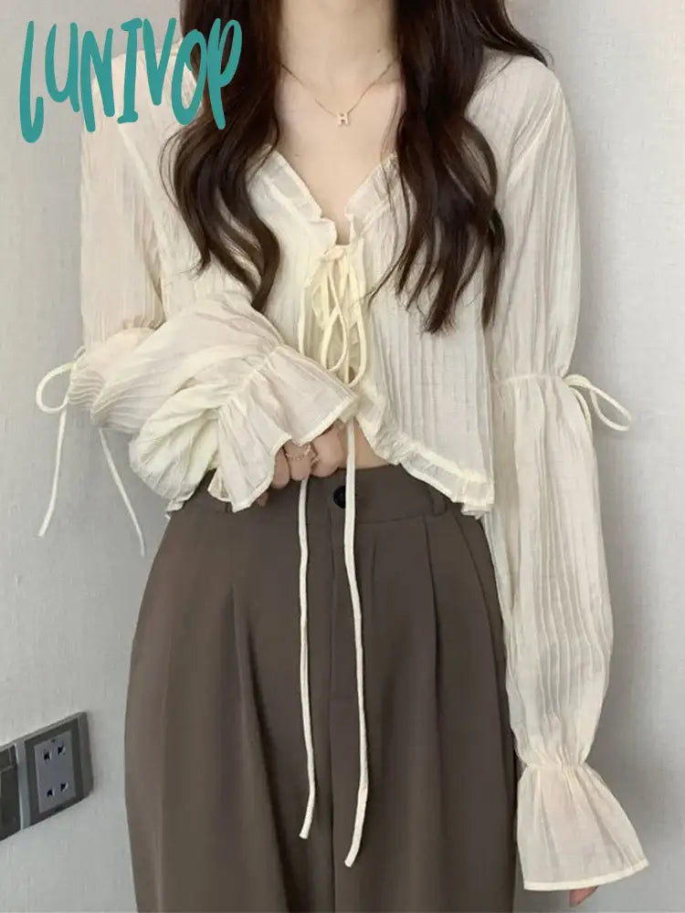 Lunivop Sweet Ruffles Crop Top Women Summer Casual Long Sleeve Cardigan Female Korean Fashion Lace