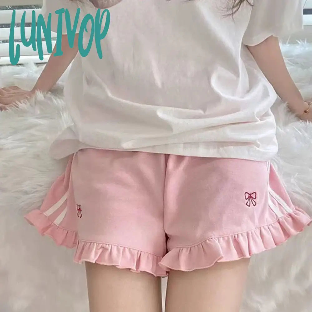 Lunivop Sweet Shorts Women Kawaii Bow Embroidery Ruffles Short Pants Student Cute Lolita Harajuku