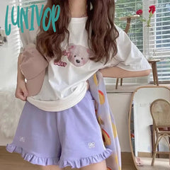 Lunivop Sweet Shorts Women Kawaii Bow Embroidery Ruffles Short Pants Student Cute Lolita Harajuku