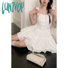 Lunivop Sweet White Mini Dress Women Fairy Party Prom Strap Ruffles One Pieces Dresses Korean