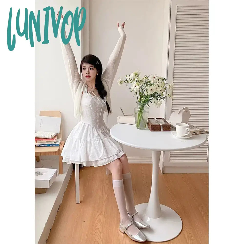 Lunivop Sweet White Mini Dress Women Fairy Party Prom Strap Ruffles One Pieces Dresses Korean