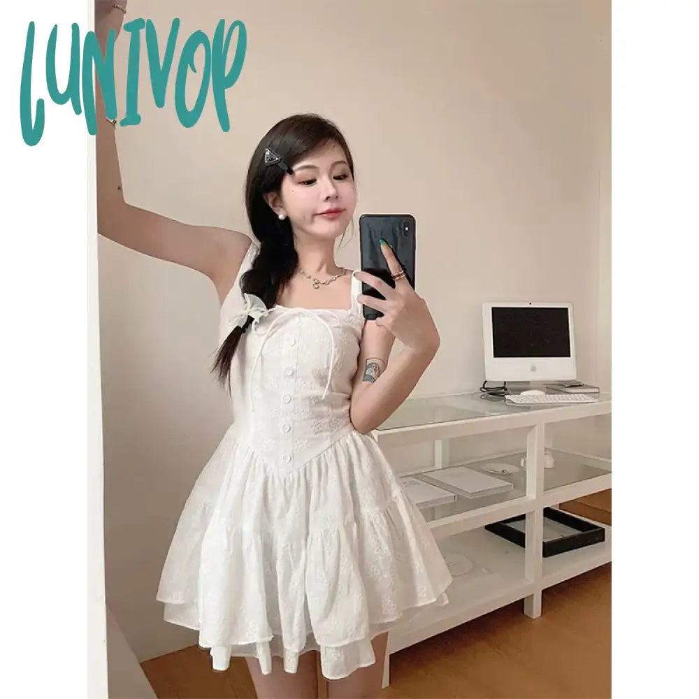 Lunivop Sweet White Mini Dress Women Fairy Party Prom Strap Ruffles One Pieces Dresses Korean