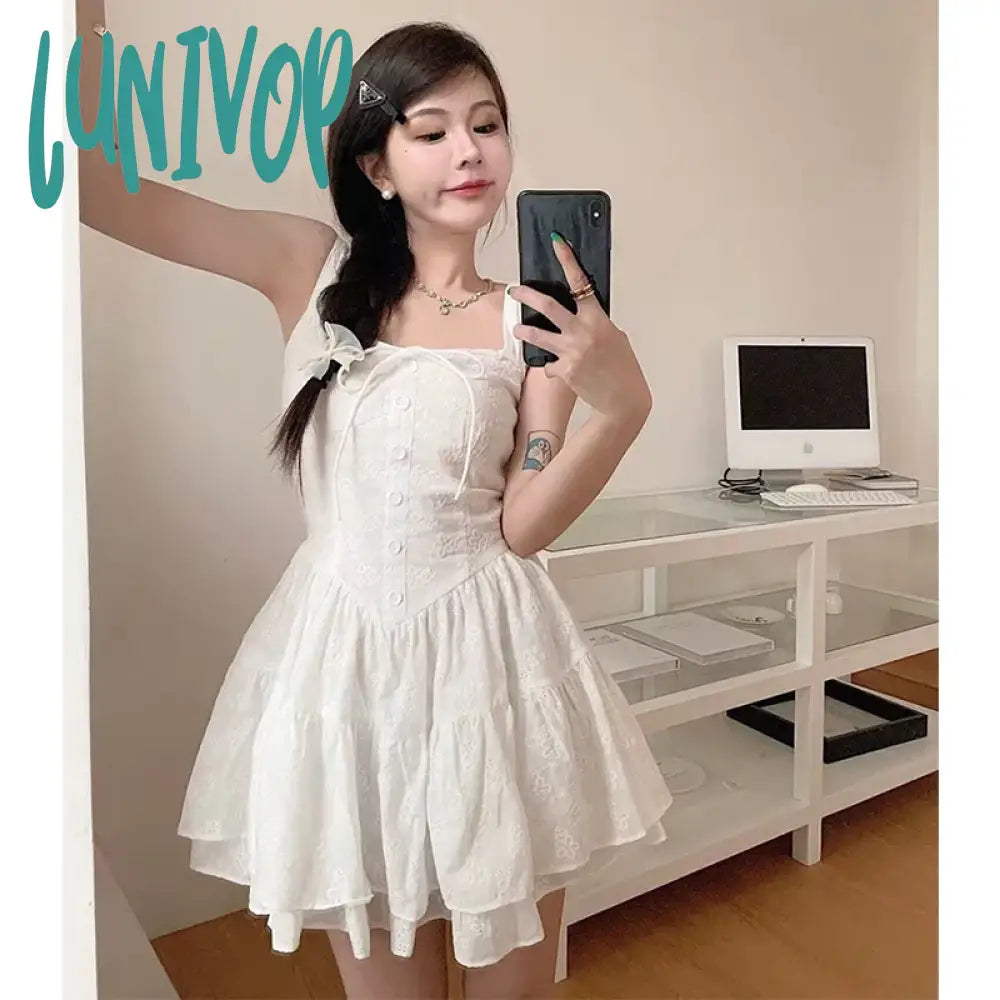 Lunivop Sweet White Mini Dress Women Fairy Party Prom Strap Ruffles One Pieces Dresses Korean