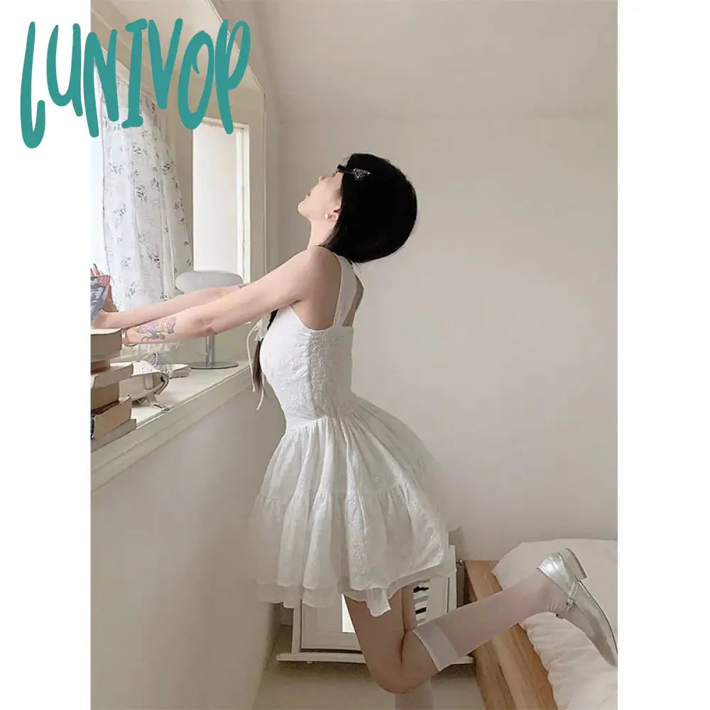 Lunivop Sweet White Mini Dress Women Fairy Party Prom Strap Ruffles One Pieces Dresses Korean