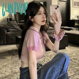 Lunivop Sweet Women’s T-Shirt Retro Short Sleeve Jacquard Love Breathable Slim Fit Knitted Crop