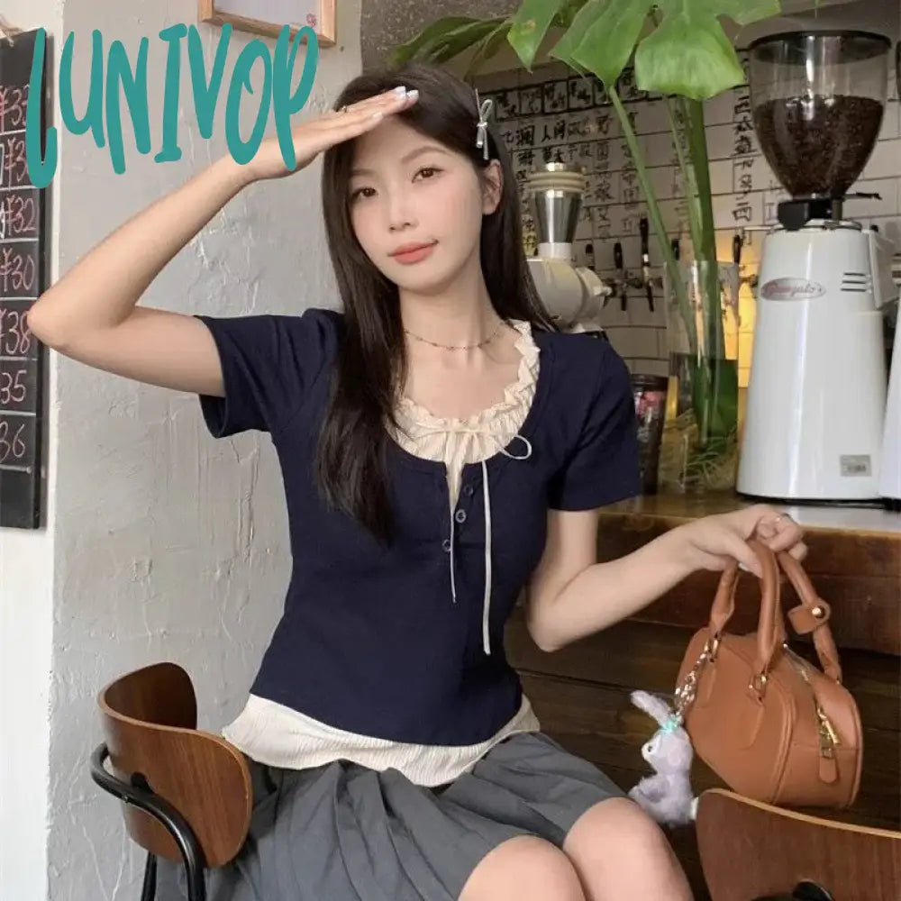 Lunivop T Shirt Women Korean Fashion High Street Harajuku Patchwork Ladies Top Summer Slim Hot