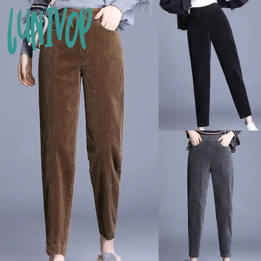 Lunivop Thick Plush Corduroy Casual Pants For Women Fashion Warm Autumn Winter Trousers High Waist