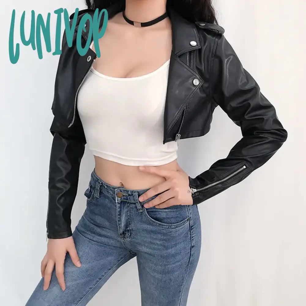 Lunivop Trend Fashion Pu Sexy Crop Jacket Spring Motorcycle Biker Faux Leather Coat Y2K Streetwear