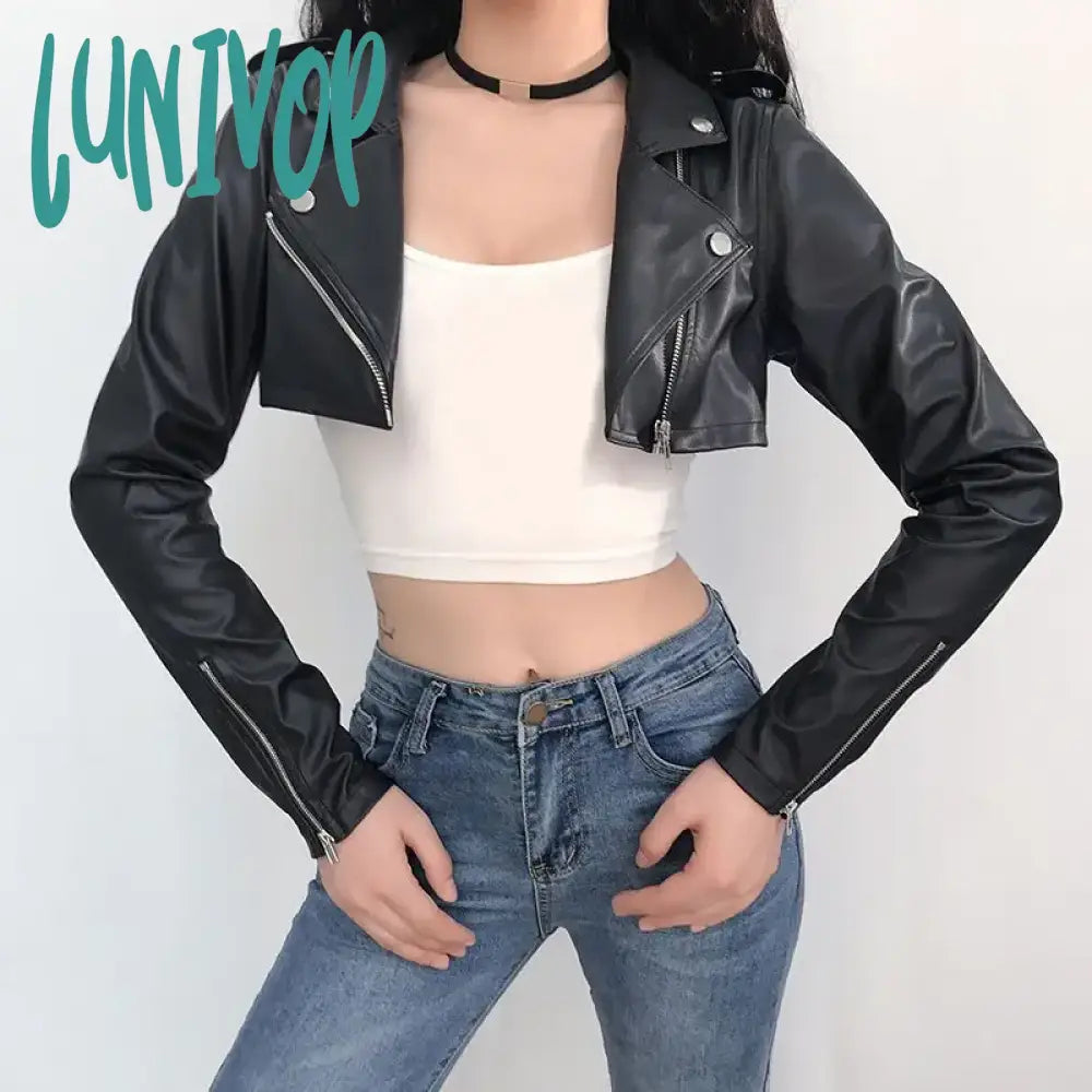 Lunivop Trend Fashion Pu Sexy Crop Jacket Spring Motorcycle Biker Faux Leather Coat Y2K Streetwear