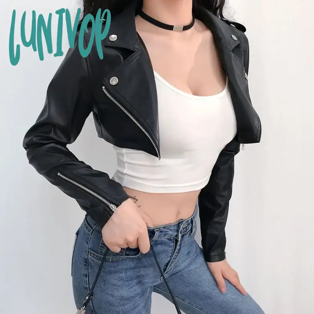 Lunivop Trend Fashion Pu Sexy Crop Jacket Spring Motorcycle Biker Faux Leather Coat Y2K Streetwear