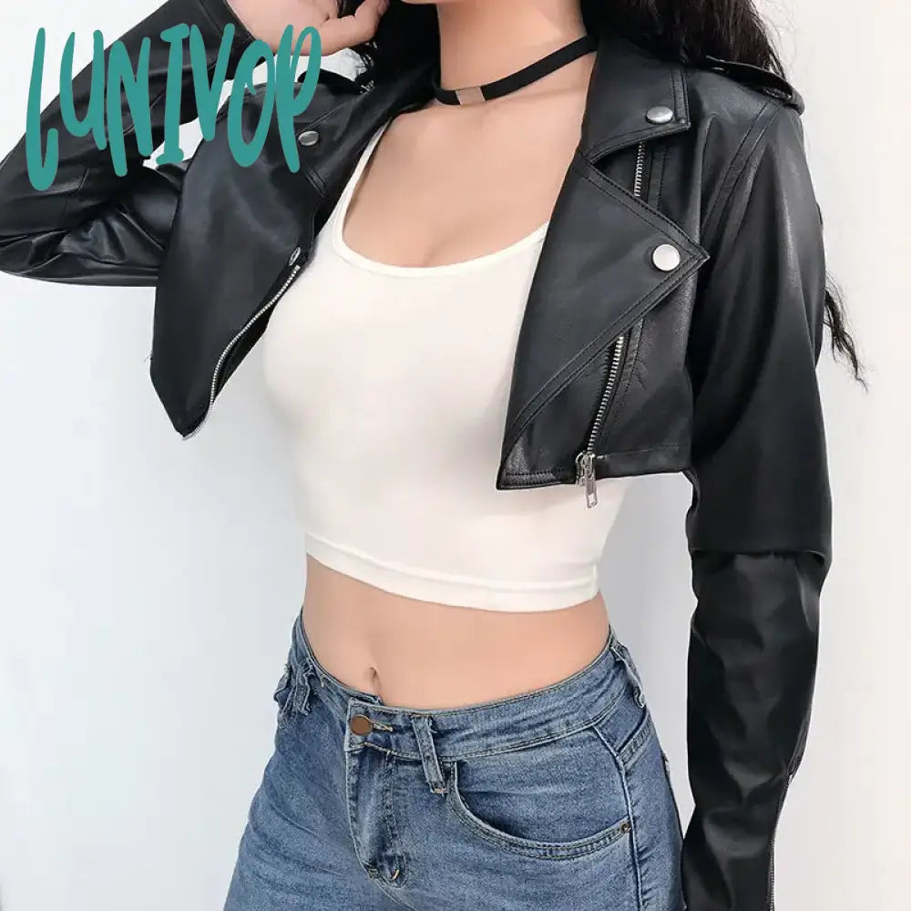 Lunivop Trend Fashion Pu Sexy Crop Jacket Spring Motorcycle Biker Faux Leather Coat Y2K Streetwear