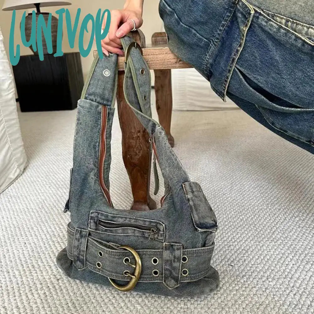 Lunivop Trendy Women Vintage Denim Punk Shoulder Bag Y2K Streetwear Grunge Handbag Cool Girls Retro