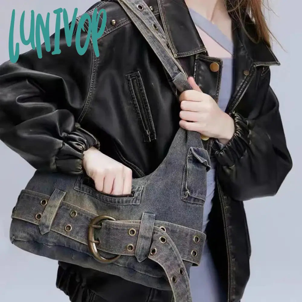 Lunivop Trendy Women Vintage Denim Punk Shoulder Bag Y2K Streetwear Grunge Handbag Cool Girls Retro