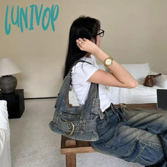 Lunivop Trendy Women Vintage Denim Punk Shoulder Bag Y2K Streetwear Grunge Handbag Cool Girls Retro