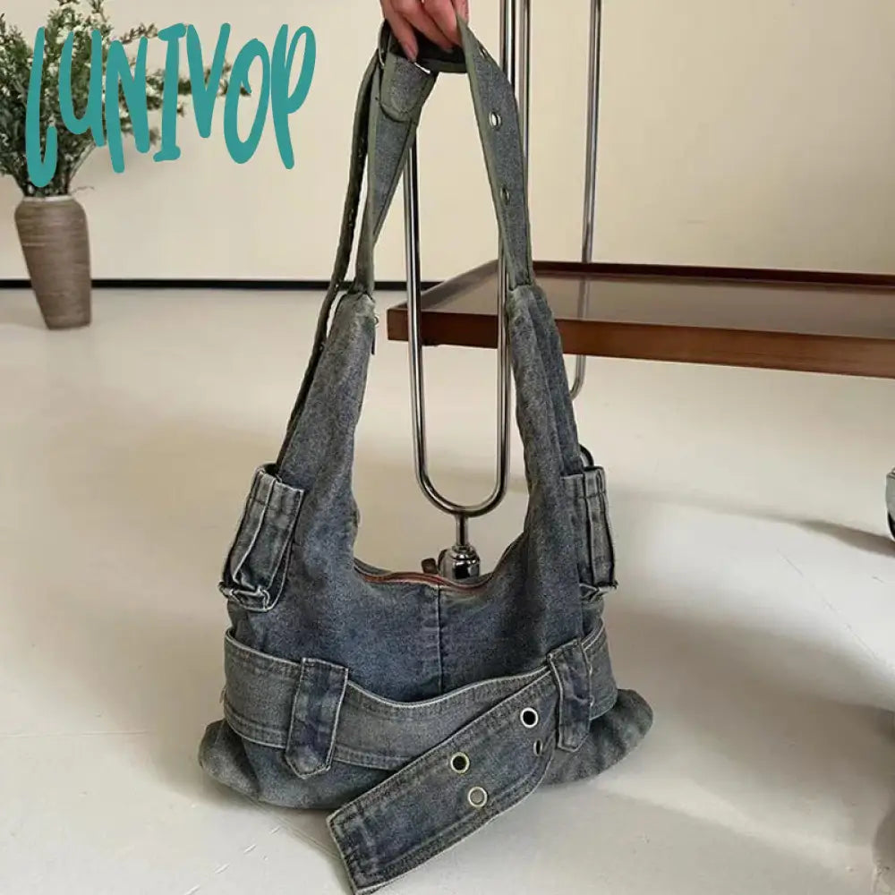 Lunivop Trendy Women Vintage Denim Punk Shoulder Bag Y2K Streetwear Grunge Handbag Cool Girls Retro