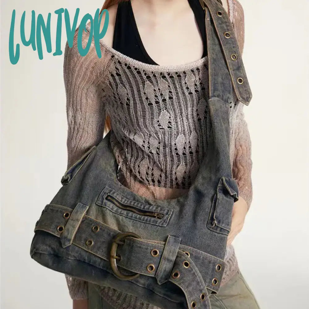 Lunivop Trendy Women Vintage Denim Punk Shoulder Bag Y2K Streetwear Grunge Handbag Cool Girls Retro