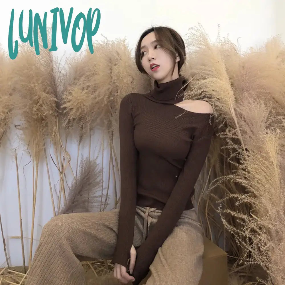 Lunivop Turtleneck Off Shoulder Long Sleeve T-Shirt Women’s Slim Sweater Autumn Korean Style