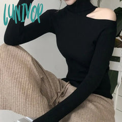 Lunivop Turtleneck Off Shoulder Long Sleeve T-Shirt Women’s Slim Sweater Autumn Korean Style