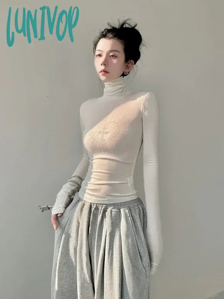 Lunivop Turtleneck See Through Sexy Long Sleeve Tees New Sweet Y2K Crop Tops Korean Fashion Blouse