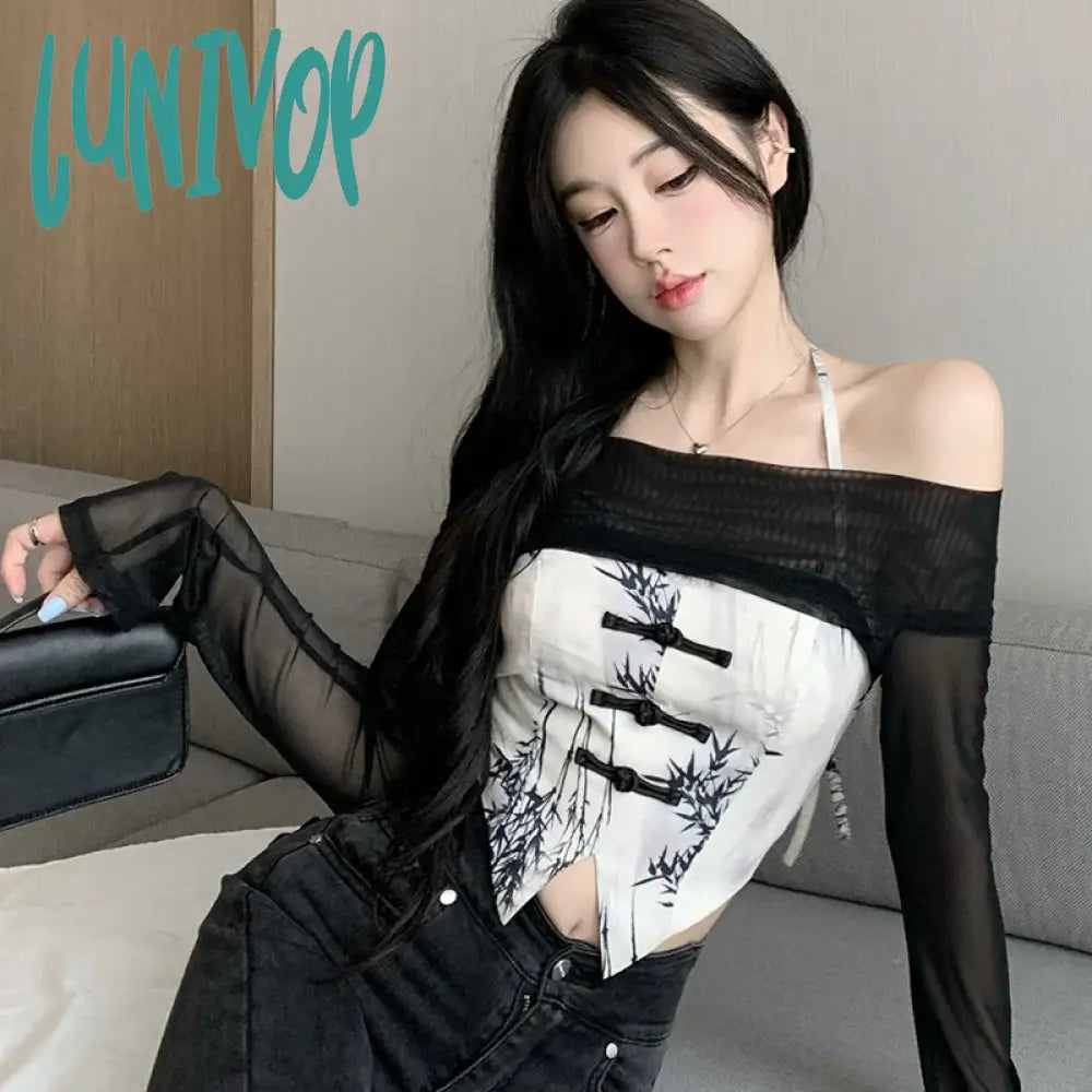 Lunivop Two Pieces Set Long Sleeve T-Shirts Y2K Aesthetic All Match Halter Irregular Sleeveless