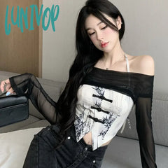 Lunivop Two Pieces Set Long Sleeve T-Shirts Y2K Aesthetic All Match Halter Irregular Sleeveless