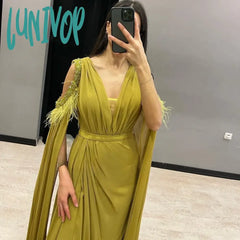 Lunivop V Neck Bead Feathers Flutter Evening Dresses 2024 Floor-Length Sexy Mermaid With Cape