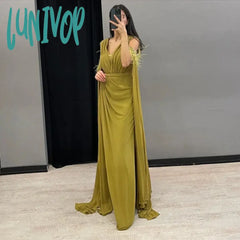 Lunivop V Neck Bead Feathers Flutter Evening Dresses 2024 Floor-Length Sexy Mermaid With Cape