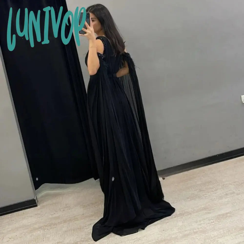 Lunivop V Neck Bead Feathers Flutter Evening Dresses 2024 Floor-Length Sexy Mermaid With Cape