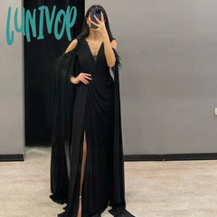 Lunivop V Neck Bead Feathers Flutter Evening Dresses 2024 Floor-Length Sexy Mermaid With Cape