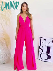 Lunivop V-Neck Belt Sling Jumpsuit Women Elegant Sleeveless Tops Split Wide Leg Pants Fahion Casual