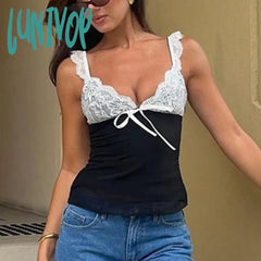 Lunivop V-Neck Lace Suspender Top 2024 Summer Sexy Stitching Contrasting Color Vest Women’s Hot