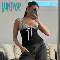 Lunivop V-Neck Lace Suspender Top 2024 Summer Sexy Stitching Contrasting Color Vest Women’s Hot