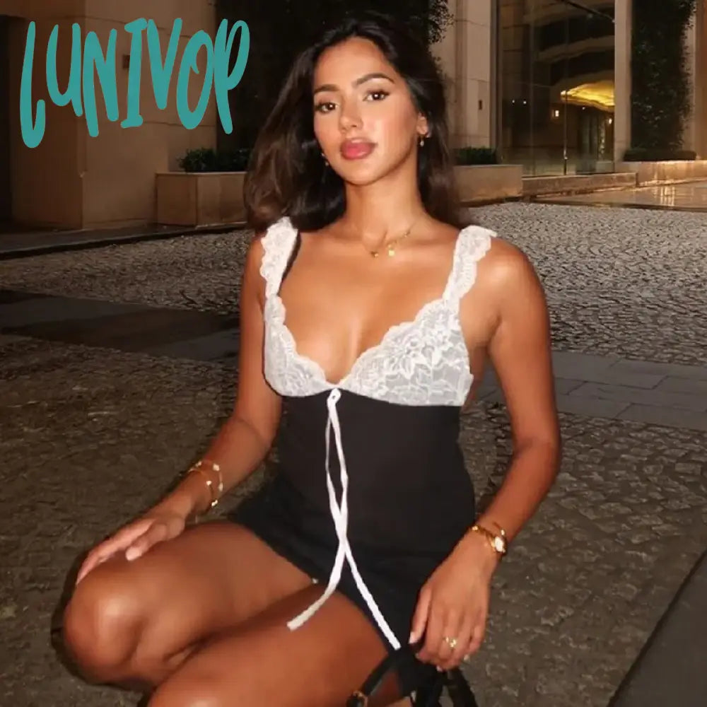 Lunivop V-Neck Lace Suspender Top 2024 Summer Sexy Stitching Contrasting Color Vest Women’s Hot