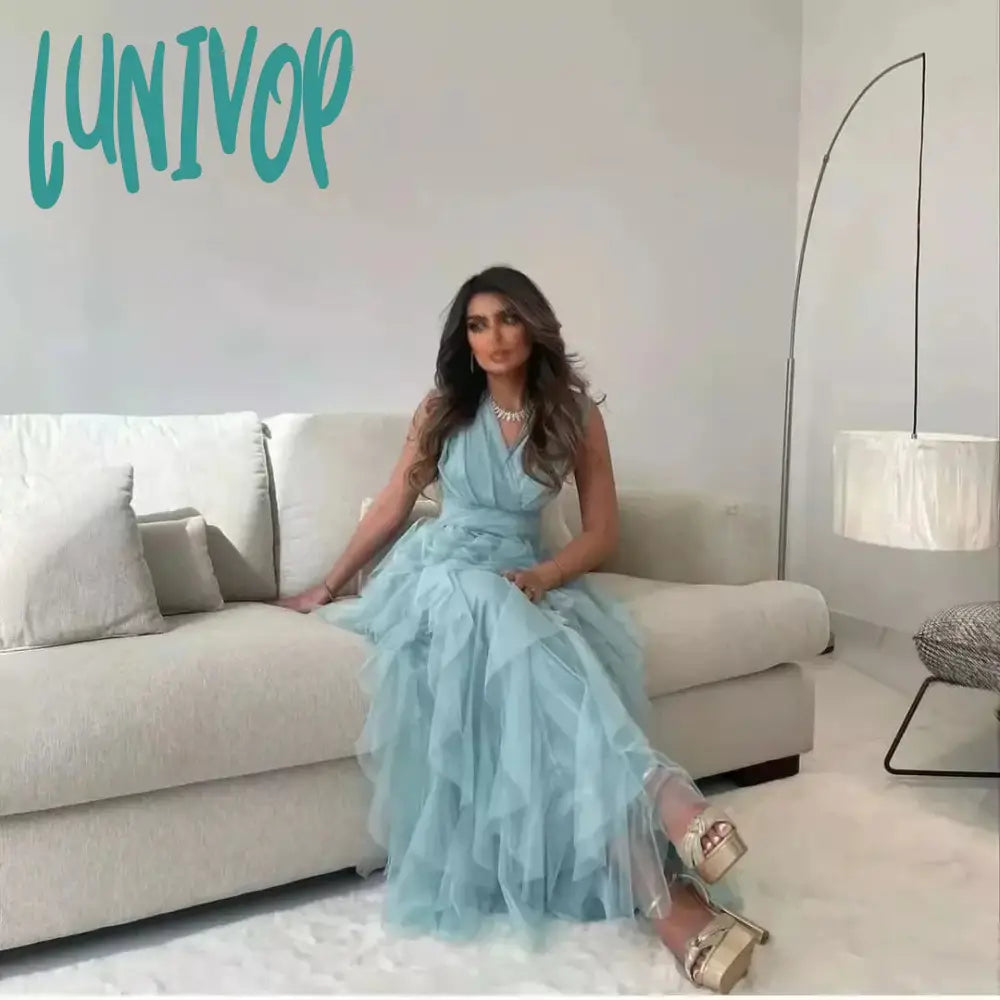 Lunivop V-Neck Ruched Tulle Evening Dresses 2023 Floor-Length Sexy Mermaid Fashion Ruffles Dubai