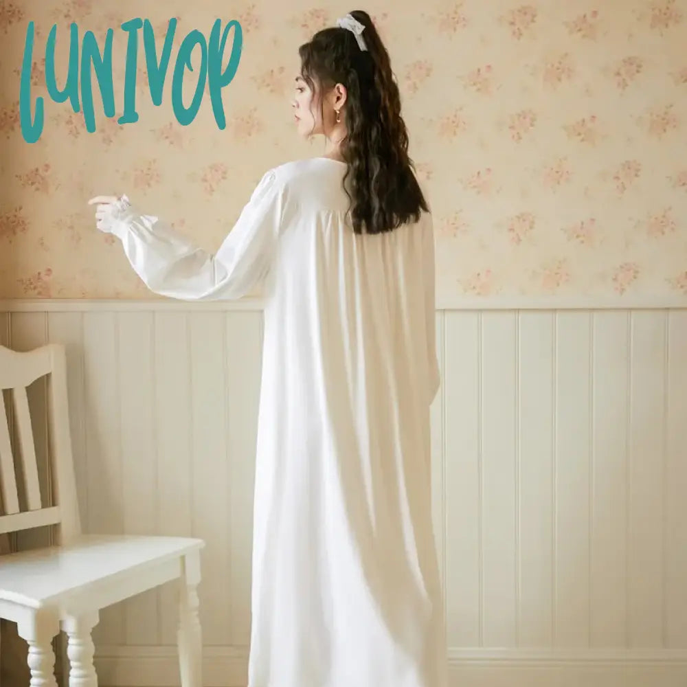 Lunivop Victorian Cotton Night Dress Women Autumn White Long Peignoir Large Size Vintage Robe Gown