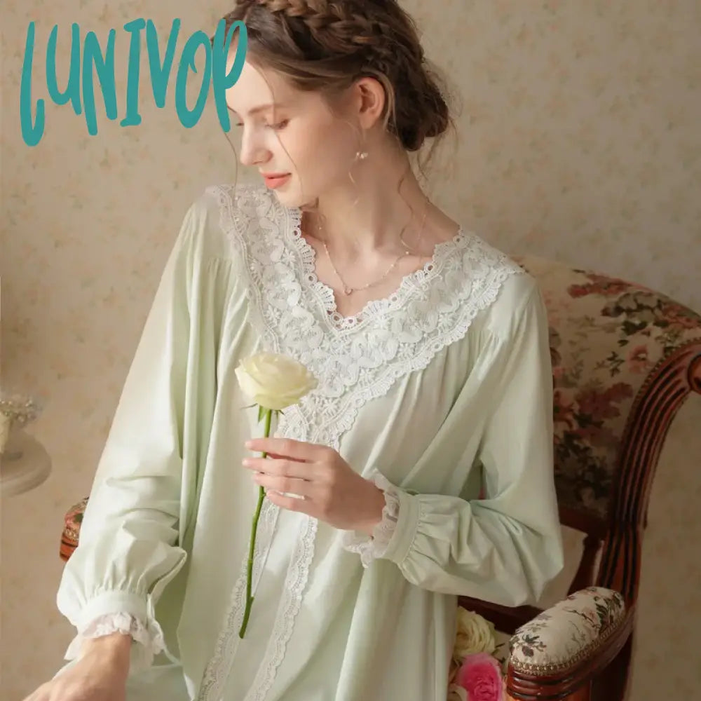 Lunivop Victorian Cotton Night Dress Women Autumn White Long Peignoir Large Size Vintage Robe Gown