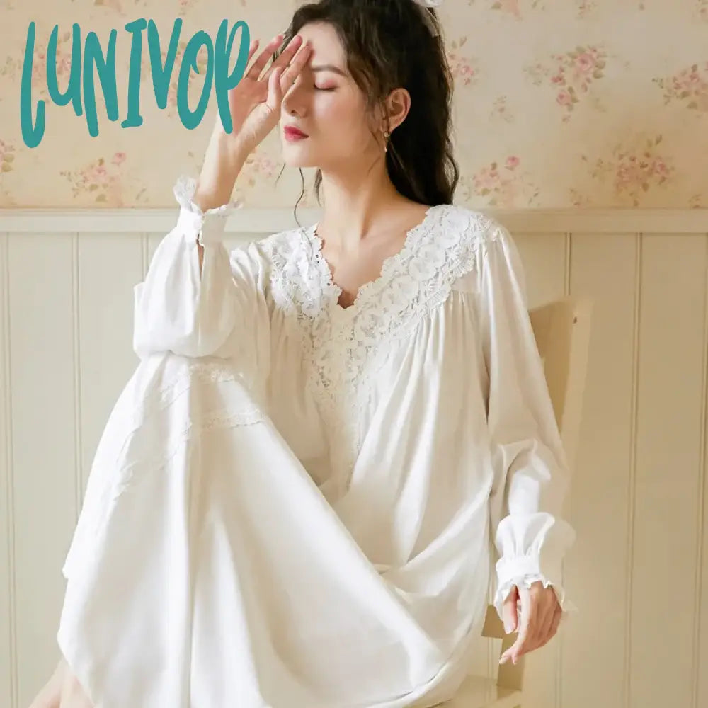 Lunivop Victorian Cotton Night Dress Women Autumn White Long Peignoir Large Size Vintage Robe Gown