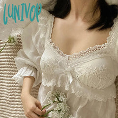 Lunivop Victorian White Cotton Night Dress Women Autumn Long Sexy Nighty Peignoirs Lolita Vintage