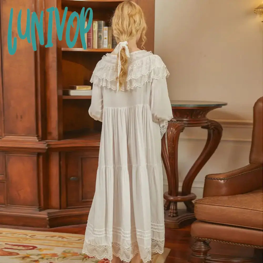 Lunivop Victorian White Night Dress Women Long Sleeve Romantic Vintage Nightgown Retro Princess